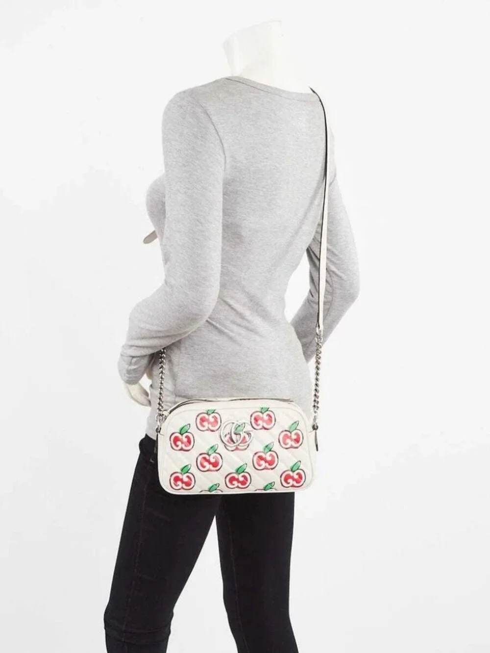 Gucci White Quilted Leather Apple Print Marmont Small Camera Bag